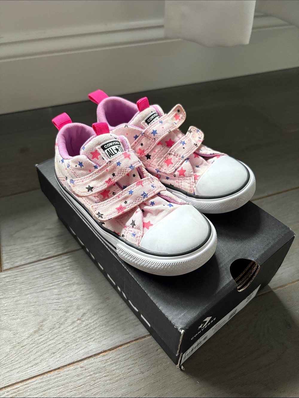 Converse Kids Pink Star Canvas Sneakers with Hot Pink Pull Tabs